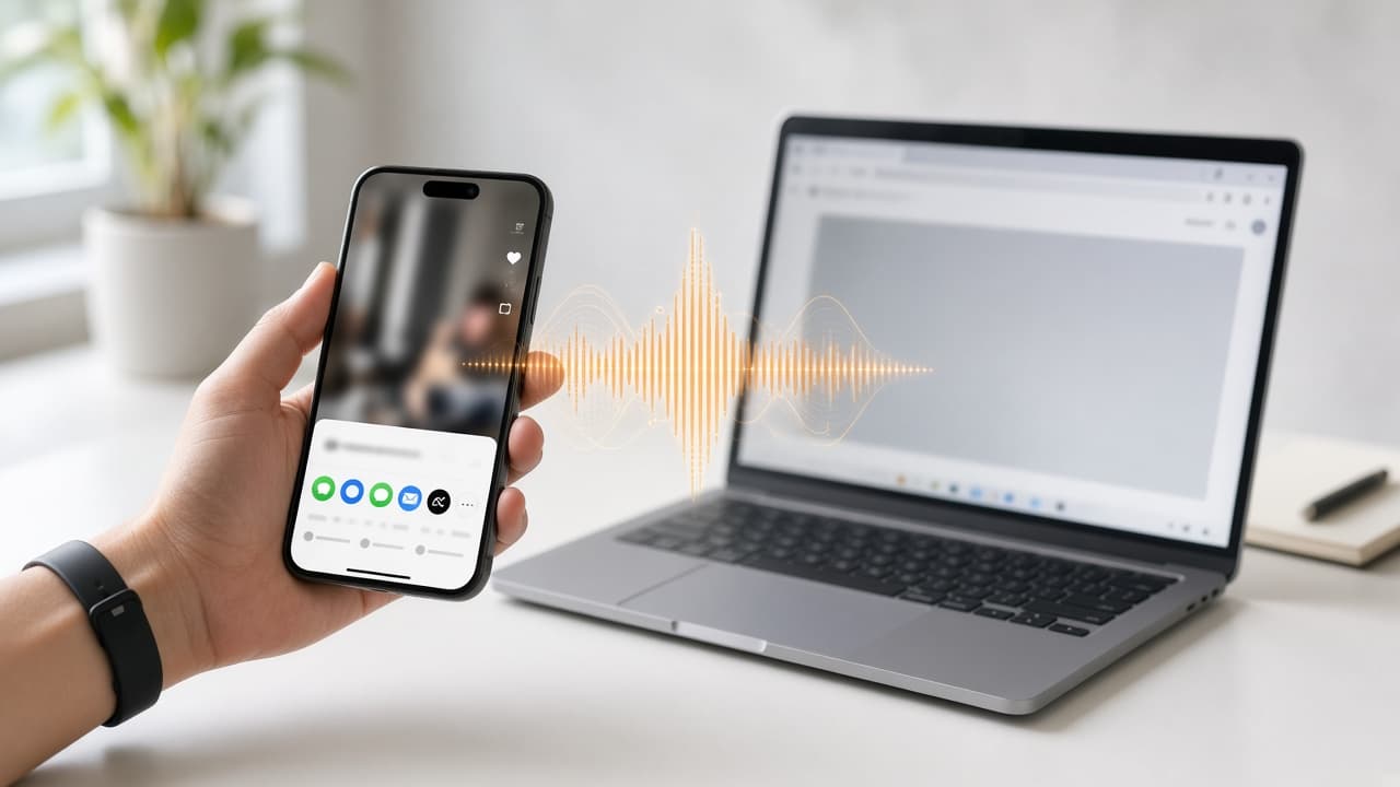 Telefon a laptop extrahující audio z TikTok do vlnové formy MP3